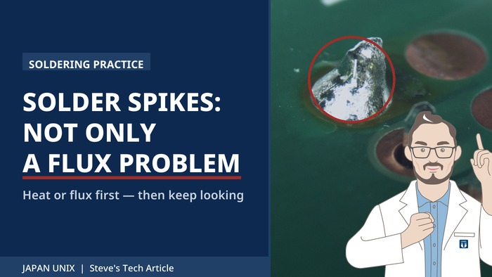Solder spike photo circled in red, Steve in a lab coat, and the headline SOLDER SPIKES: NOT ONLY A FLUX PROBLEM