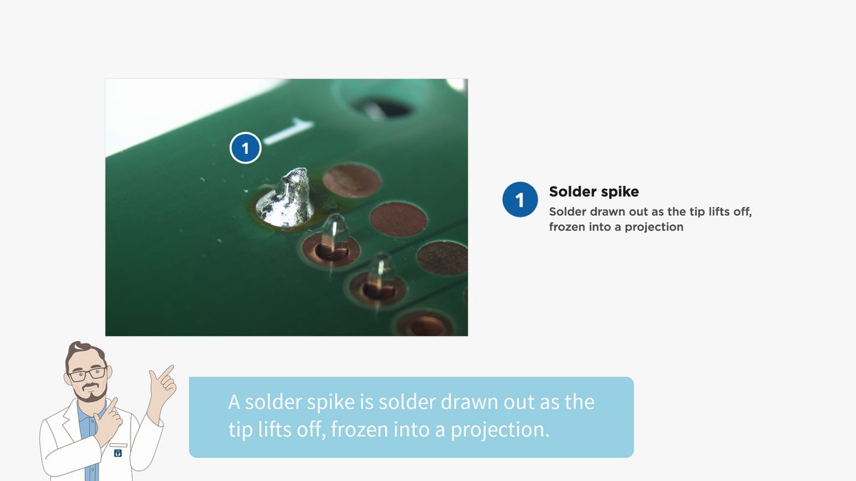 A real solder spike on a board: solder drawn out as the tip lifted off and frozen into a projection