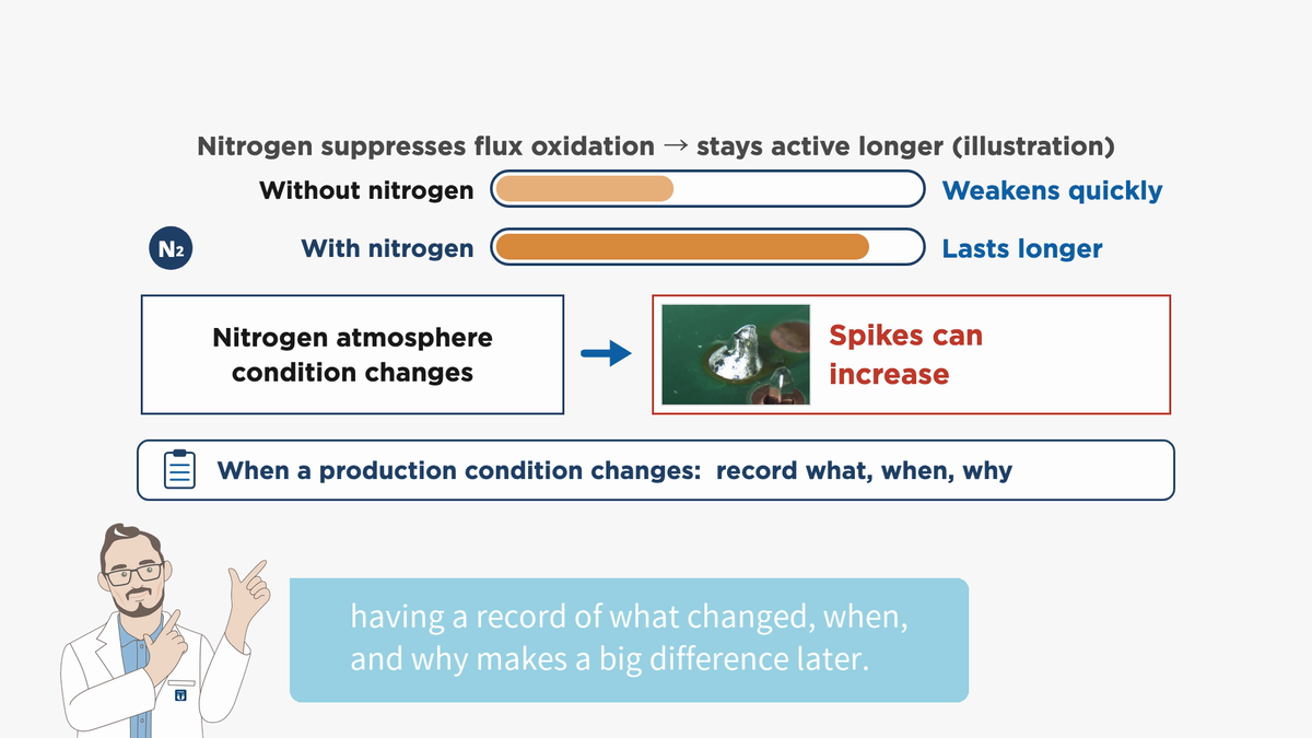 Nitrogen keeps flux active longer; if that changes, spikes can increase. Record what, when and why a condition is changed