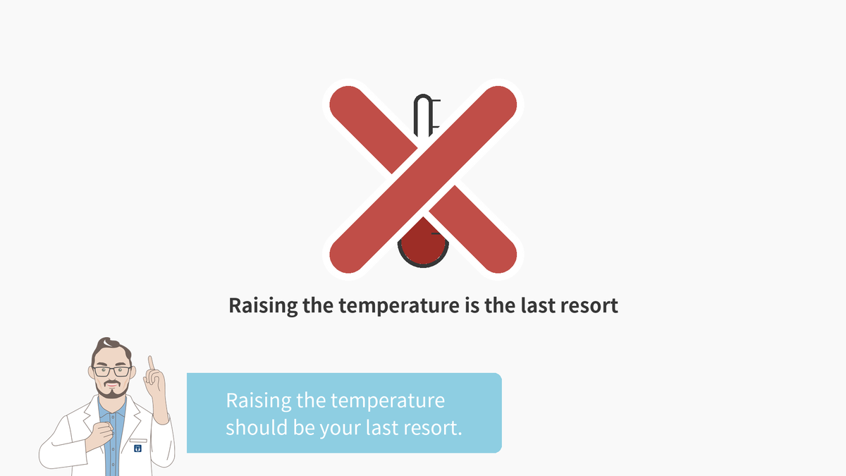 The first thing not to do when non-wetting appears. A large X over a soldering iron tip with a thermometer icon. Raising the temperature should be your last resort